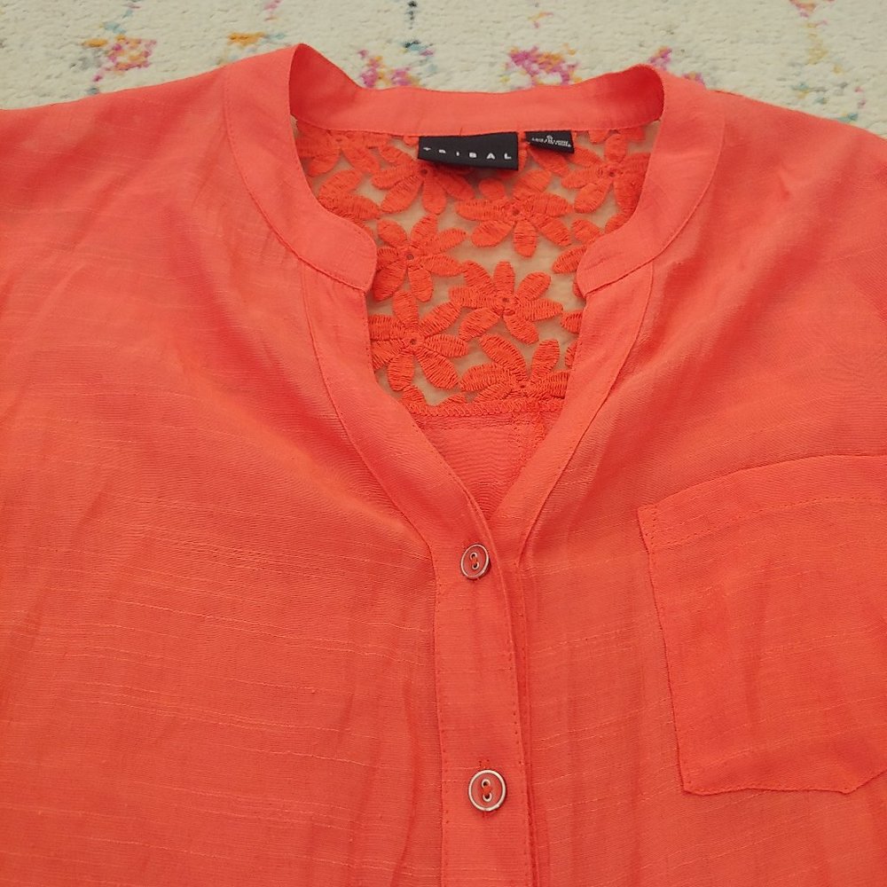 Beautifully detailed coral tunic length blouse